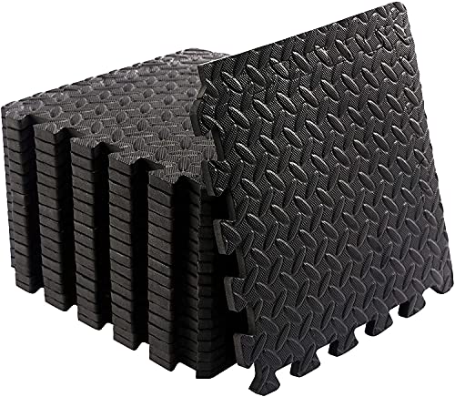 Rubber Tiles Workout Flooring Puzzle Exercise Mat with 18 Squares Interlocking Foam Gym Mats 12'' x 12'' EVA Protective Mats for Heavy Equipment