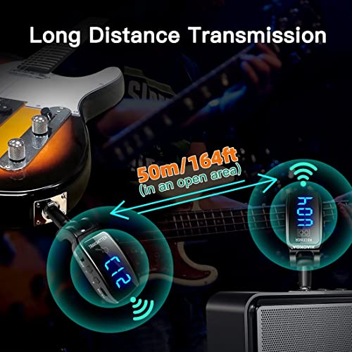 Wireless Guitar System,XIAOKOA UHF Wireless Guitar Transmitter Receiver 164Feet Range with HD LED Screen for Electric Guitar Bass Musical Instruments （Black）