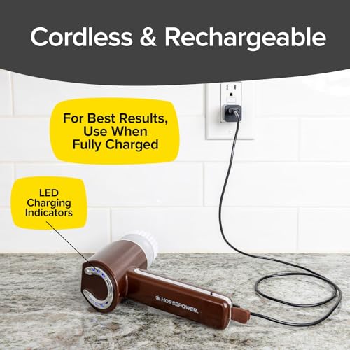 Horsepower Handheld Waterproof Power Scrubber, Spins, 350 RPM, 5 Brush Heads, AS-SEEN-ON-TV, Cleans Dirt & Grime from Tile, Grout, Bathrooms, Kitchen, Auto Rims, Outdoor Furniture & More,Rechargeable