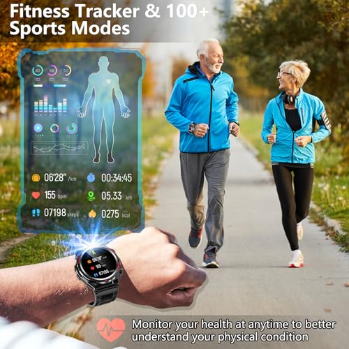 Military Smart Watch for Men Women, 1.52" HD Bluetooth Fitness Tracker for iPhone Android iOS , IP68 Waterproof Fitness Watch with Answer, Make Call, Heart Rate, Sleep Monitor, 100+ Sport Modes -Black