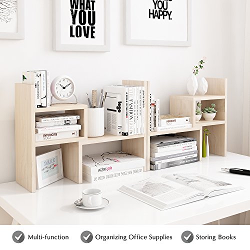Jerry & Maggie Desktop Organizer Office Storage Rack Adjustable Wood Display Shelf, White, 5 Units, 16"L x 15.8"H x 6.8"W