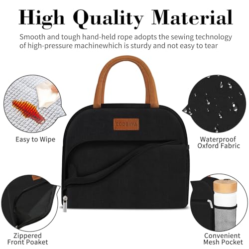 Lunch Bag Women, Lunch Box Lunch Bag for Women Adult Men, Small Leakproof Cute Lunch Tote Large Capacity Reusable Insulated Cooler Lunch Container for Work/Office/Picnic/Travel-Black