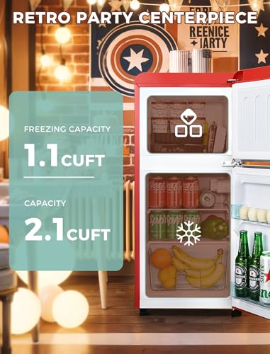 3.2 Cu.Ft Compact Refrigerator Mini Fridge with Freezer, Retro Double Door Small Fridge, 7 Level Thermostat Removable Shelves, Small Refrigerator for Dorm, Office, Bedroom, Red