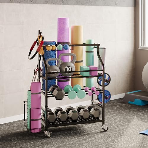 Dumbbells Rack,Weight Rack for Home Gym, Weight Stand,Home Gym Storage Rack for Yoga Mat, Foam Roller,Yoga Strap,Resistance Bands,Weight Organizer for Home Gym,Workout Storage with Wheels