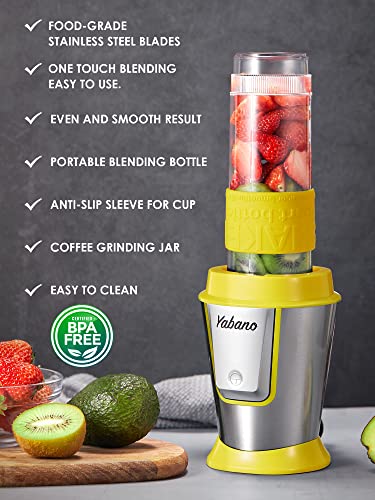 Personal Blender with 2 x 20oz Travel Bottle and Coffee/Spices Jar, Portable Smoothie Blender and Coffee Grinder in One, 500W Single Serve Blender for Shakes and Smoothies, BPA free(Yellow)