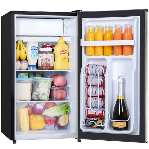 3.2 Cu.Ft Mini Fridge with Freezer, Mini Fridge for Bedroom Office Dorm, Small Refrigerator Fridge with Reversible Door, Low Noise, Energy Saving, Champagne