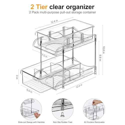 2 Pack Bathroom Cabinet Organizer, 2 Tier Clear Under Sink Organizers and Storage Medicine Cabinet Organizer with Dividers, Pull Out Kitchen Pantry Shelf Cupboard Closet Vanity Organization Bins