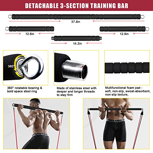 Home Gym Exercise Equipment - Portable Workout System 17 Fitness Accessories 9 in1 Push Up Board Set, Resistance Bands with Pilates Bar Strength Training Abs Shoulders Back Butt