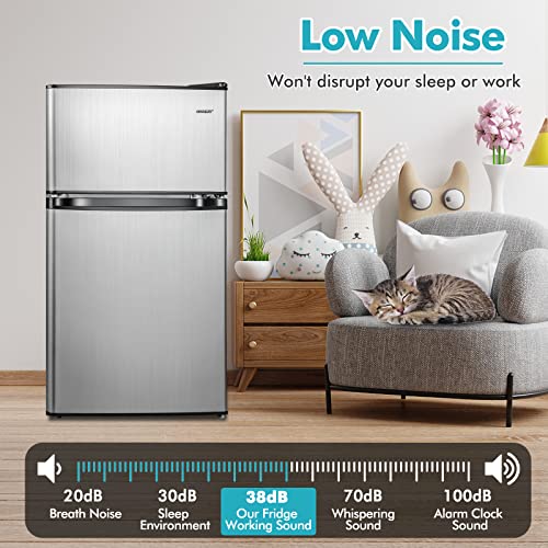 COSTWAY Compact Refrigerator, 3.2 Cu.Ft. Fridge Freezer Compartment with Reversible 2 Door, Adjustable Thermostat, Removable Glass Shelves, Mini Refrigerator for Bedroom Dorm Apartment, Silver