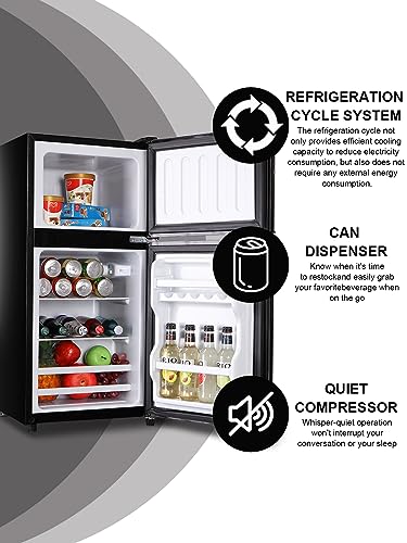 KRIB BLING 3.5 Cu.Ft Refrigerator 2 Door 7 Level Adjustable Thermostat Control Top-Freezer Refrigerator Lock Fresh Energy Saving Black