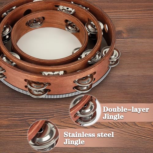 Tambourine, Tambourines for Adults, 3 PCS Wooden Hand Held Percussion Tambourine with Storage Bag, Tambourines Musical Instrument for Church, Wedding, Party, Dance, Photo Shoot(6+8+10 Inches)