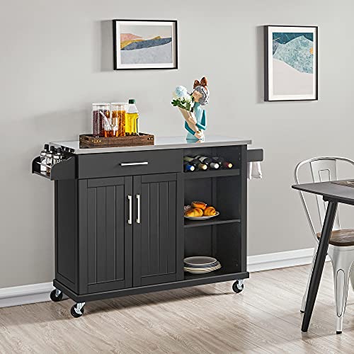 Yaheetech Kitchen Island with Stainless Steel Top and Storage Cabinet, Kitchen Cart on Wheels with Drawer & Open Shelves & Wine Rack & Spice Rack, 18" D x 51" W x 36" H, Black