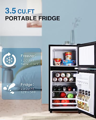 Compact Refrigerator Double Door Mini Fridge with Freezer, 3.5 CU FT Mini Refrigerator with 7 Level Adjustable Thermostat for Office, Dorm, Apartment, Black