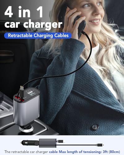 Retractable Car Charger, 4 in 1 Fast Car Phone Charger 66W, 2 Retractable Cables and USB Car Charger,Compatible with iPhone 15/14/13/12/11,Galaxy,Pixel