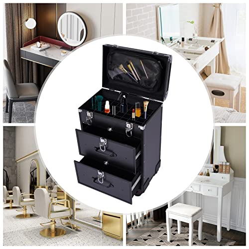 Rolling Makeup Case 3-Tier Cosmetic Trolley Case Large Professional Salon Storage Organizer with Adjustable Divider for Beauty Personal Care (Black)