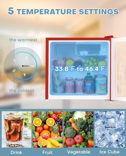 Upstreman 1.7 Cu.ft Mini Fridge with Freezer, Adjustable Thermostat, Energy Saving, Low Noise, Single Door Compact Refrigerator for Dorm, Office, Bedroom, Red-FR17
