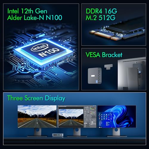 WI-6 Mini PC, Intel 12th Gen N100 Mini Computer,16GB DDR4 RAM 512GB SSD,Triple 4K Display/2*USB3.0/WiFi/Bluetooth/Full Function Type-C/Gigabit Ethernet/Support 64GB RAM and 2TB SSD Extensions