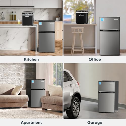 Upstreman 3.1 Cu.Ft Mini Fridge with Freezer, Double Door Mini Fridge, Adjustable Thermostat, Energy Saving, Mini Fridge for Office, Dorm,Bedroom, Stainless