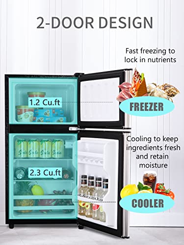 KRIB BLING Mini Fridge with Freezer on Top, 3.5 Cu.Ft Compact Refrigerator with 7 Levels Adjustable Thermostat, Small Refrigerator for Dorm, Office, Apartment, Silver