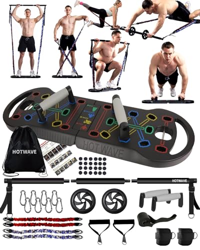 HOTWAVE Portable Exercise Equipment with 16 Gym Accessories.20 in 1 Push Up Board Fitness,Resistance Bands with Ab Roller Wheel,Home Workout for Men