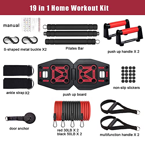 Home Gym Exercise Equipment - Portable Workout System 17 Fitness Accessories 9 in1 Push Up Board Set, Resistance Bands with Pilates Bar Strength Training Abs Shoulders Back Butt