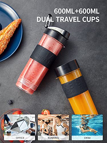 Personal Blender with 2 x 20oz Travel Bottle and Coffee/Spices Jar, Portable Smoothie Blender and Coffee Grinder in One, 500W Single Serve Blender for Shakes and Smoothies, BPA free(Black)