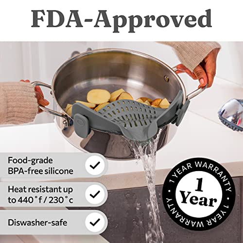 Kitchen Gizmo Snap N' Strain - Silicone Clip-On Colander, Heat Resistant Drainer for Vegetables and Pasta Noodles, Kitchen Gadgets for Bowl, Pots, and Pans - Essential Home Cooking Tools - Grey