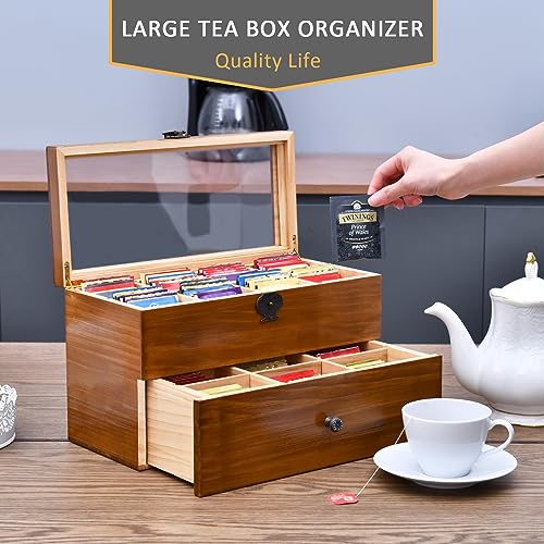 WELLAND Tea Box for Tea Bags Organizer, Tea Storage Chest with Clear Acrylic Window, 2-layer 14 Compartments Large Tea Organizer, Gift Idea