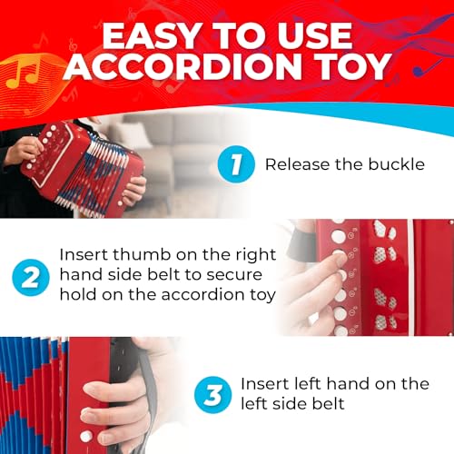 Kids Toy Accordion with 7 Vocal Keys. Portable Mini Musical Instrument with Easy to Carry Back Strap included. Ideal for Kids 3+ Red