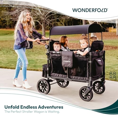 WONDERFOLD W4 Luxe Quad Stroller Wagon (4 Seater) - Collapsible Wagon Stroller with Seats with Magnetic Buckle 5-Point Harnesses and Adjustable Sun Canopy, Charcoal Gray-White Frame