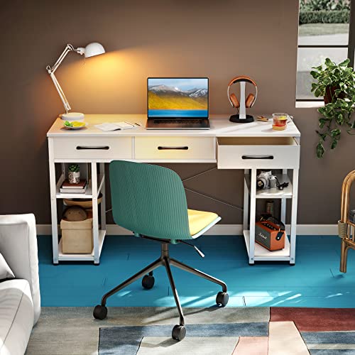 ODK 47" Small Office Computer Desk: Home Table with Drawers Wood Storage Shelves, Modern Work Writing Desk, White + White Leg