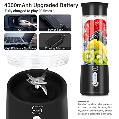 Personal Juicer, Miaoke Portable Blender 17 Oz 6 Leaves High-Speed 304 Stainless Steel Blade 22000 R/Min 4000Ah Type-C Rechargeable 4-Grade power prompt With Portable Removable Cup Lid/Black