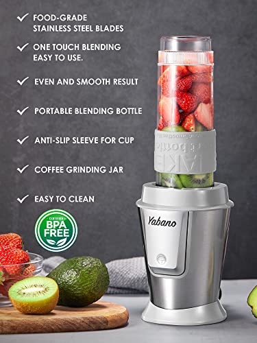 Personal Blender with 2 x 20oz Travel Bottle and Coffee/Spices Jar, Portable Smoothie Blender and Coffee Grinder in One, 500W Single Serve Blender for Shakes and Smoothies, BPA free, by Yabano (Grey)