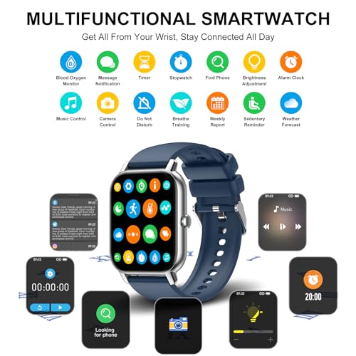 Smart Watch (Answer/Make Calls), 1.85" Smart Watches for Men Women 110+ Sport Modes Fitness Watch with Sleep Heart Rate Monitor, Pedometer, IP68 Waterproof Smartwatch for iOS Android Watch Silver Blue