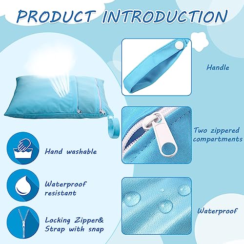 4 Pcs Wet Dry Bag for Baby Cloth Diapers Waterproof Wet Bag Washable Travel Bag Reusable Cloth Diaper Bag with 2 Pocket Toddler Swim Wet Bag for Travel Beach Pool (Sky Blue, Yellow, Green, Navy Blue)