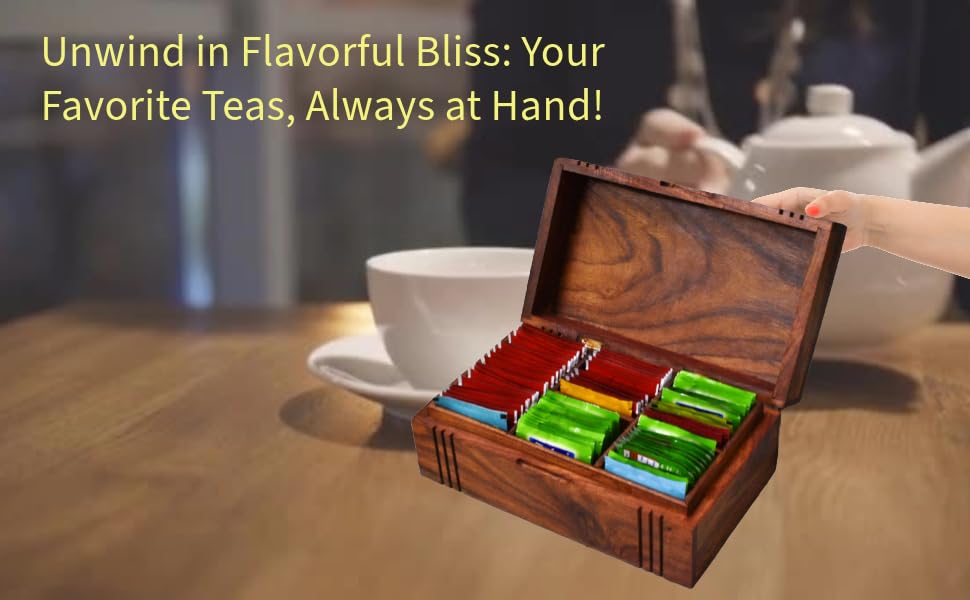 Wooden Tea Box - Tea Box for Tea Bags Organiser - Engraved Hardwood Tea Chest with 6 Compartments - Tea Storage Box Multi Functional - Wood Tea Box Organiser - 10 x6 inch (6 compartment box)