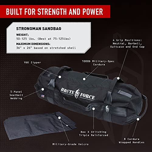 Brute Force Strongman Sandbag, Adjustable, Weighted Heavy Bag, Workout Equipment for Home Gym, Strength Training and Weight Lifting, Sandbags for Working Out, Made in USA, Army Green, 75-125 lbs