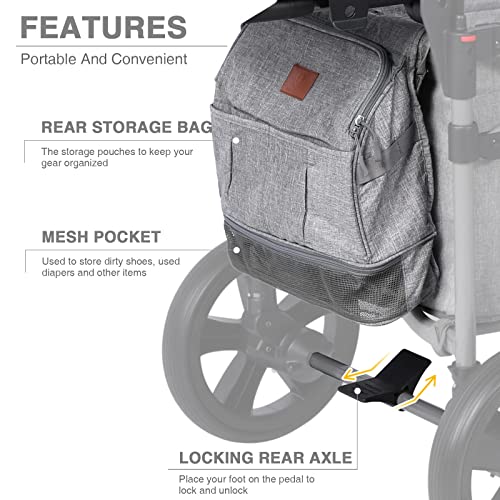 EVER ADVANCED Foldable Wagons for Two Kids & Cargo, Collapsible Folding Stroller with Adjustable Handle Bar,Removable Canopy with 5-Point Harness Gray