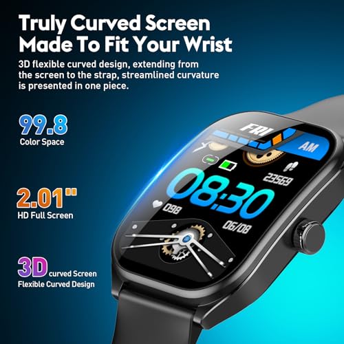 Curve Smart Watch for Men Women (Answer/Make Call), 2.01" Fitness Tracker with 120+ Sport Modes Heart Rate Sleep Blood Oxygen Monitor, IP68 Waterproof Fitness Watch for Android iOS, Black