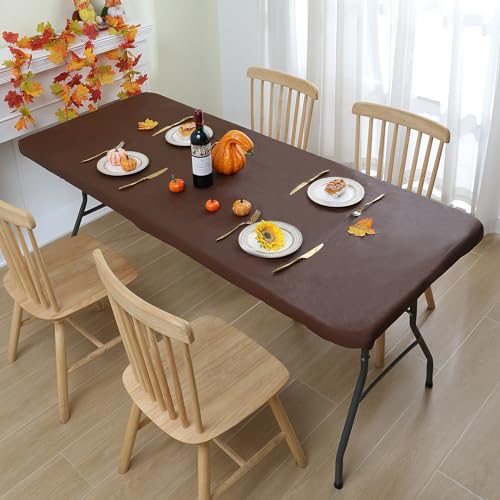 smiry Rectangle Tablecloth, Elastic Fitted Flannel Backed Vinyl Tablecloths for 4ft Folding Tables, Waterproof Wipeable Table Covers for Indoor, Outdoor, Picnic and Camping (Coffee, 30"x48")