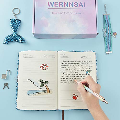 WERNNSAI Sequins Notebook Set - Sparkly Mermaid Gift for Girls Kids Christmas Birthday Notebooks Journal Diary with Lock School Travel A5 Lined Memos Writing Drawing Notepad Ballpoint Pen Bracelet Key-chain