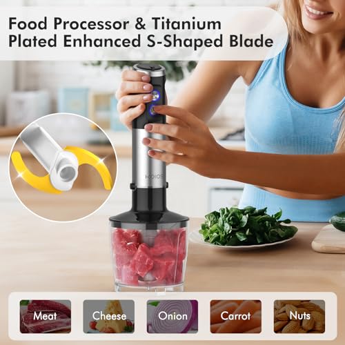 KOIOS 1000W Immersion Hand Blender, Upgrated 5-in-1 Handheld Blender, Full Copper Motor, Titanium Enhanced Blender Shaft, 12-Speeds, 600ml Mixing Beaker, 500ml Chopper, Whisk & Milk Frother