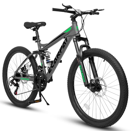 GOWE A2660 Mountain Bike 26 Inch Wheels, 21-Speed Full Suspension Mens Womens Trail Commuter City Mountain Bike, Carbon Steel Frame Disc Brakes Thumb Shifter Front Fork Rear Shock Absorber Bicycles