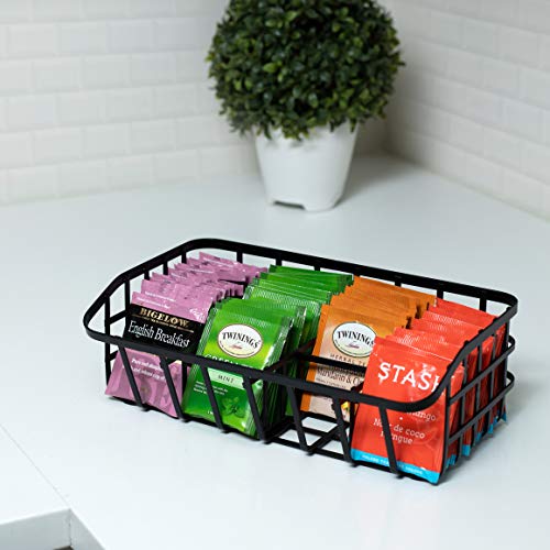 Tea Bag Organizer Caddy - Metal Tea Box Storage Holder for Tea, Cups, Pods, Packets, Condiment Accessories - Black
