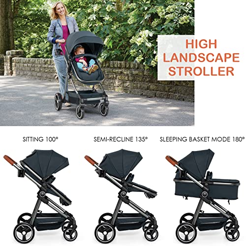 INFANS 2 in 1 High Landscape Convertible Baby Stroller, Newborn Reversible Bassinet Pram, Foldable Pushchair with Adjustable Canopy, Aluminum Structure, 5-Point Harness for Infant Toddler (Black)