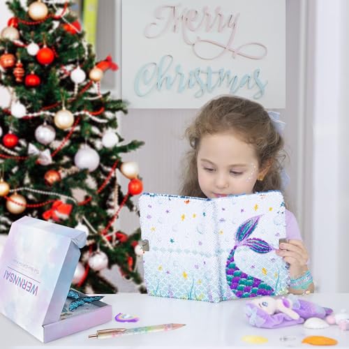 WERNNSAI Sequins Notebook Set - Sparkly Mermaid Gift for Girls Kids Christmas Birthday Notebooks Journal Diary with Lock School Travel A5 Lined Memos Writing Drawing Notepad Ballpoint Pen Bracelet Key-chain