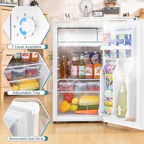 3.2 Cu. Ft Mini Fridge with Freezer for Bedroom, Dorm, Office, Compact Refrigerator with Adjustable Thermostat, Removable Glass Shelves and Reversible Door (White)