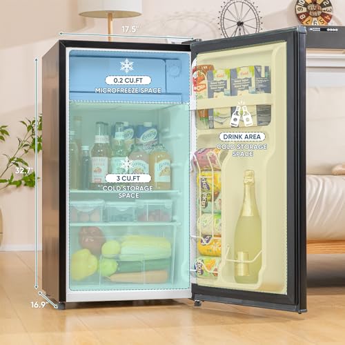 3.2 Cu. Ft Mini Fridge with Freezer for Bedroom, Dorm, Office, Compact Refrigerator with Adjustable Thermostat, Removable Glass Shelves and Reversible Door (Black)