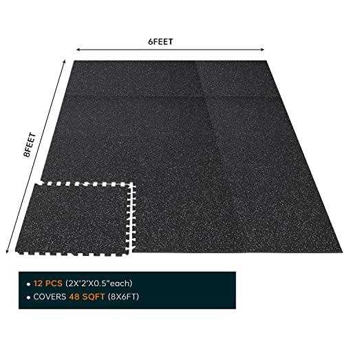 1/2inch Thick 48 Sq Ft Rubber Top High Density EVA Foam Exercise Gym Mats 12 Pcs - Interlocking Puzzle Floor Tiles for Home Gym Heavy Workout Equipment Flooring - 24 x 24in Tile, Black&Grey