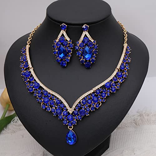 Women's Statement Necklace Earrings Link Bracelet Set for Bride Austrian Crystal Wedding Bridal Costume Jewelry Sets